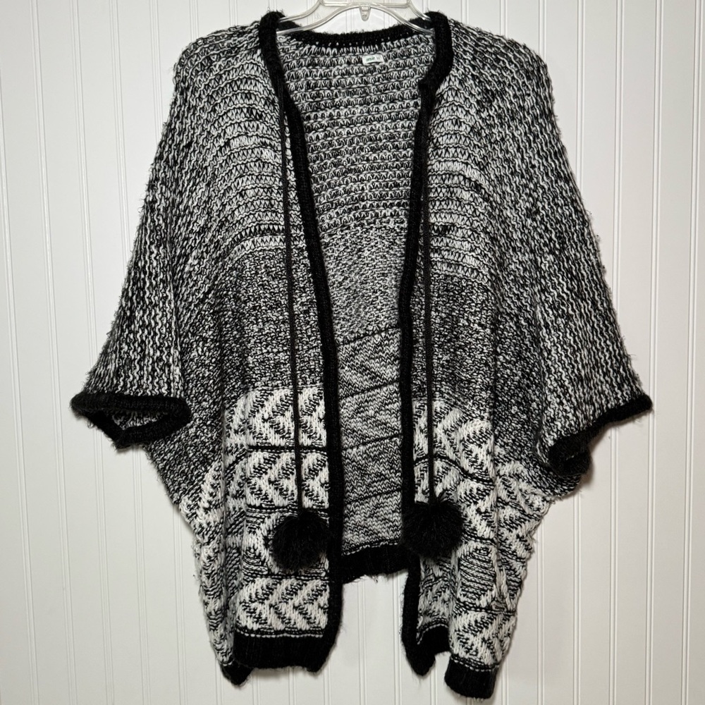 Aerie Womens Open Front Cardigan One Size Pom Pom Tie Knit Sweater Poncho Tribal